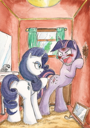 Size: 1634x2318 | Tagged: safe, artist:souleatersaku90, rarity, twilight sparkle, pony, unicorn, g4, angry, bathroom, blushing, butt, commission, context is for the weak, duo, fanfic, fanfic art, female, mare, mirror, plot, the simple life, traditional art, watercolor painting, window