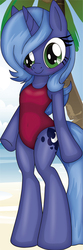 Size: 300x900 | Tagged: safe, artist:ratachu666, princess luna, semi-anthro, g4, beach, bipedal, clothes, cute, filly, one-piece swimsuit, red swimsuit, swimsuit, woona, wrong eye color, younger