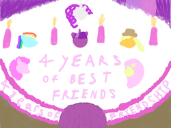 Size: 1024x768 | Tagged: safe, artist:pwnypony db, applejack, fluttershy, pinkie pie, rainbow dash, rarity, twilight sparkle, g4, anniversary, cake, happy birthday mlp:fim, mane six, mlp fim's fourth anniversary, pov