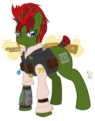 Size: 696x884 | Tagged: safe, artist:umbraldissonance, oc, oc only, oc:officer sharp, earth pony, pony, fallout equestria, gun, mohawk, pipbuck, shotgun, talisman, weapon