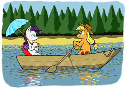 Size: 1024x724 | Tagged: safe, artist:guruhoro, applejack, rarity, g4, boat, female, lake, lesbian, oar, rowboat, ship:rarijack, shipping, umbrella