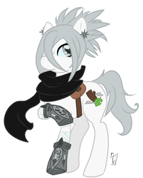 Size: 825x1024 | Tagged: safe, artist:umbraldissonance, oc, oc only, oc:little cricket, earth pony, pony, clothes, earring, gauntlet, kunai, ninja, saddle bag, scarf, solo