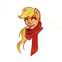 Size: 700x700 | Tagged: safe, artist:golden-redhead, applejack, g4, clothes, eyes closed, female, freckles, happy, scarf, smiling, solo