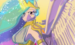 Size: 1280x776 | Tagged: safe, artist:threewontoo, princess celestia, anthro, g4, armpits, breasts, clothes, female, looking at you, magic, praise the sun, sideboob, smiling, solo, spread wings