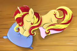 Size: 1500x1000 | Tagged: safe, artist:milanoss, sunset shimmer, pony, unicorn, g4, female, pillow, sleeping, solo