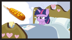 Size: 1050x584 | Tagged: safe, twilight sparkle, g4, bed, corndog, female, filly, filly twilight sparkle, meme, solo