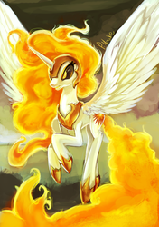 Size: 1236x1754 | Tagged: safe, artist:eiolf, daybreaker, nightmare star, princess celestia, alicorn, pony, g4, angry, awesome in hindsight, female, hilarious in hindsight, hoof shoes, mane of fire, mare, peytral, solo, spread wings, wings