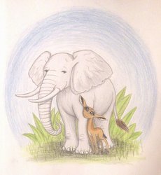 Size: 858x932 | Tagged: safe, artist:thefriendlyelephant, oc, oc only, oc:nuk, oc:obi, antelope, elephant, gerenuk, animal in mlp form, duo, grass, non-mlp oc, plants, traditional art, tusk