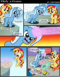 Size: 1000x1276 | Tagged: safe, artist:icesticker, sunset shimmer, trixie, pony, unicorn, g4, comic, filly, filly sunset shimmer, filly trixie, gamecube, magic, nintendo, video game