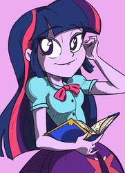 Size: 797x1100 | Tagged: safe, artist:lunchie, artist:varemia, twilight sparkle, human, equestria girls, g4, my little pony equestria girls: rainbow rocks, book, bowtie, clothes, colored, female, shirt, skirt, smiling, solo, trace, twilight sparkle (alicorn)