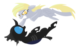 Size: 1832x1300 | Tagged: safe, artist:violetandblaire, derpy hooves, changeling, pegasus, pony, guardian (web video), g4, beware the nice ones, epic derpy, female, fight, mare