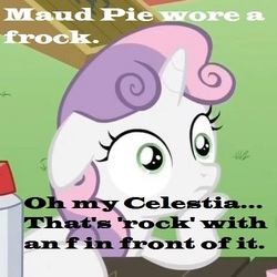 Size: 500x500 | Tagged: safe, maud pie, sweetie belle, earth pony, pony, g4, maud pie (episode), my little pony: friendship is magic, exploitable meme, frock coat, image macro, meme, pun, solo, sudden clarity sweetie belle