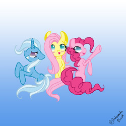 Size: 1280x1280 | Tagged: safe, artist:andromedadusk, fluttershy, pinkie pie, trixie, pony, unicorn, g4, blushing, female, mare