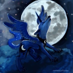 Size: 1280x1290 | Tagged: safe, artist:hereticalrants, princess luna, wolf, g4, eyes closed, female, fursona, moon, night, solo, spread wings, wings