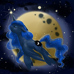 Size: 1000x1000 | Tagged: safe, artist:mimkage, princess luna, g4, eyes closed, female, flying, magic, moon, solo, space