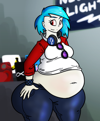 Size: 1250x1500 | Tagged: safe, artist:bigponiesinc, dj pon-3, vinyl scratch, human, g4, ass, bbw, belly button, big belly, butt, fat, female, hand on hip, huge butt, humanized, large butt, midriff, muffin top, music, obese, pony coloring, smirk, solo, sunglasses, thunder thighs, vinyl fat, wide hips