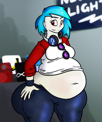 Size: 1250x1500 | Tagged: safe, artist:bigponiesinc, dj pon-3, vinyl scratch, human, g4, ass, bbw, belly button, big belly, butt, clothes, fat, female, hand on hip, huge butt, humanized, large butt, midriff, muffin top, music, obese, pants, pony coloring, smirk, solo, sunglasses, thunder thighs, vinyl fat, wide hips