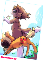 Size: 495x700 | Tagged: safe, artist:bakki, applejack, winona, dog, earth pony, pony, semi-anthro, g4, 30 minute art challenge, appledog, bipedal, butt, chest fluff, collar, dogified, female, fluffy, grass, leg fluff, looking up, mare, open mouth, plot, ponified, ponified pony pets, role reversal, smiling, species swap, stick