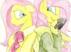 Size: 1024x748 | Tagged: safe, artist:theraincatsduo, fluttershy, anthro, g4, clothes, dr jekyll and mr hyde, duality, traditional art