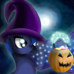 Size: 1500x1500 | Tagged: safe, artist:chanceyb, princess luna, alicorn, pony, g4, candy, female, hat, moon, pumpkin bucket, solo, telekinesis, wizard hat