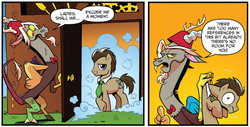 Size: 1509x765 | Tagged: safe, idw, discord, doctor whooves, time turner, earth pony, pony, g4, spoiler:comic, spoiler:comic24, bowtie, doctor who, fez, fourth wall, fourth wall joke, hat, idw advertisement, male, necktie, stallion
