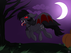 Size: 1500x1125 | Tagged: safe, artist:meggchan, oc, oc only, oc:qetesh, bat pony, pony, vampire, cape, clothes, costume, crescent moon, fake teeth, fangs, flying, halloween, moon, night, pumpkin, tongue out