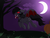 Size: 1500x1125 | Tagged: safe, artist:meggchan, oc, oc only, oc:qetesh, bat pony, pony, vampire, cape, clothes, costume, crescent moon, fake teeth, fangs, flying, halloween, moon, night, pumpkin, tongue out