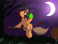 Size: 1500x1125 | Tagged: safe, artist:meggchan, oc, oc only, oc:sweet voltage, broom, cloud, crescent moon, dead tree, flying, flying broomstick, hair over one eye, halloween, hat, lidded eyes, looking at you, moon, night, potion, pumpkin, sitting, smiling, solo, tree, witch hat