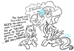Size: 800x554 | Tagged: safe, artist:yamino, princess celestia, princess luna, trixie, twilight sparkle, pony, unicorn, g4, the cutie mark chronicles, alternate universe, artifact, female, filly, filly trixie, filly twilight sparkle, horn, horns are touching, lesbian, mare, monochrome, overreaction, s1 luna, ship:twilestia, shipper on deck, shipping, woona