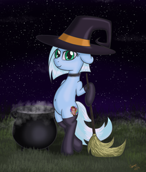 Size: 885x1046 | Tagged: safe, artist:rainbow-dosh, oc, oc only, oc:tracy cage, semi-anthro, broom, clothes, halloween, night, stockings, witch