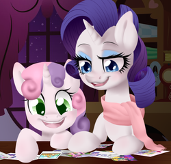 Size: 546x525 | Tagged: safe, artist:lexieskye, rarity, sweetie belle, g4, clothes, scarf, sisters