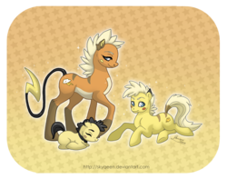 Size: 3000x2365 | Tagged: safe, artist:almairis, pichu, pikachu, raichu, abstract background, colt, evolution chart, family, female, foal, male, mare, mother and son, pokémon, ponified, ponymon, simple background, yellow background
