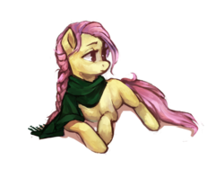 Size: 1400x1050 | Tagged: safe, artist:johling, fluttershy, pegasus, pony, g4, alternate hairstyle, braid, clothes, female, prone, scarf, simple background, solo, transparent background