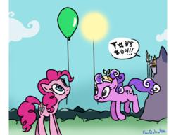 Size: 500x385 | Tagged: safe, artist:foudubulbe, pinkie pie, screwball, g4, balloon, canterlot, forced perspective, grawlixes, hat, implied princess celestia, propeller hat, sun, swearing, swirly eyes, tangible heavenly object