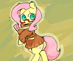 Size: 1200x1000 | Tagged: safe, artist:gmrqor, fluttershy, pony, g4, bipedal, bottomless, clothes, female, glasses, partial nudity, solo, sweatershy