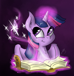 Size: 1280x1312 | Tagged: safe, artist:jorobro, twilight sparkle, alicorn, pony, g4, book, female, magic, mare, purple background, quill, simple background, solo, twilight sparkle (alicorn), writing