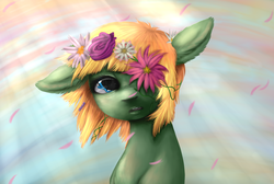 Size: 1047x704 | Tagged: safe, artist:colorlesscupcake, oc, oc only, color porn, floppy ears, floral head wreath, portrait, solo, surreal, windswept mane