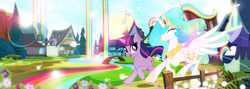 Size: 1600x572 | Tagged: safe, artist:pixelkitties, princess celestia, twilight sparkle, g4, rainbow falls, cute, cutelestia, female, mare, running, twiabetes