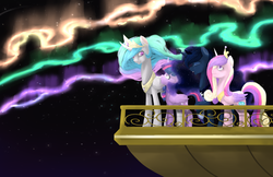 Size: 1800x1166 | Tagged: safe, artist:psychotwi, princess cadance, princess celestia, princess luna, twilight sparkle, alicorn, pony, g4, twilight's kingdom, alicorn tetrarchy, aurora borealis, aurora crystialis, balcony, female, mare, twilight sparkle (alicorn), you'll play your part