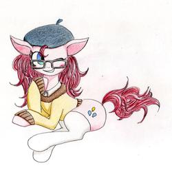 Size: 900x900 | Tagged: dead source, safe, artist:unousaya, pinkie pie, earth pony, pony, g4, clothes, female, glasses, hat, one eye closed, simple background, solo, sweater, thigh highs, white background, wink