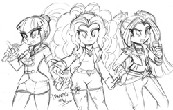 Size: 1500x953 | Tagged: safe, artist:danmakuman, adagio dazzle, aria blaze, sonata dusk, human, equestria girls, g4, my little pony equestria girls: rainbow rocks, grayscale, monochrome