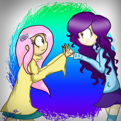 Size: 1000x1000 | Tagged: safe, artist:jayivee, fluttershy, rarity, human, g4, humanized, looking at each other