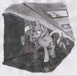 Size: 2572x2550 | Tagged: safe, artist:digiral, sunset shimmer, pony, unicorn, equestria girls, g4, canterlot high, corridor, crying, female, high res, lockers, monochrome, sad, solo, sunsad shimmer, traditional art