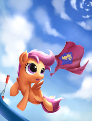 Size: 1000x1322 | Tagged: dead source, safe, artist:n3moni, scootaloo, pegasus, pony, g4, blank flank, cape, clothes, cloud, cmc cape, female, filly, foal, open mouth, scooter, sky, solo, spread wings, vertigo, wings