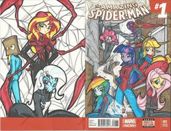 Size: 1022x781 | Tagged: safe, artist:ponygoddess, applejack, derpy hooves, fluttershy, pinkie pie, rainbow dash, rarity, sunset shimmer, trixie, twilight sparkle, equestria girls, g4, bombastic bag-man, comic book, comic cover, cosplay, cover, crossover, humanized, iron spider, male, mane six, marvel, miles morales, paper bag, scarlet spider, spider-man, spider-man 2099, spider-man noir, spidertwi, superior spider-man, symbiote, ultimate spider-man, venom