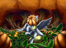 Size: 4105x3025 | Tagged: safe, artist:otakuap, derpy hooves, pony, g4, bipedal, derpy pumpkinhead, female, forest, pumpkin, pumpkin patch, silly, silly pony, solo, spread wings