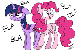 Size: 1024x683 | Tagged: safe, artist:jayivee, pinkie pie, twilight sparkle, g4, annoyed, blah, floppy ears, frown, funny, glare, open mouth, raised hoof, smiling, talking, twilight sparkle is not amused, unamused