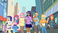 Size: 1024x576 | Tagged: dead source, safe, artist:teammagix, applejack, fluttershy, pinkie pie, rainbow dash, rarity, spike, sunset shimmer, twilight sparkle, human, g4, alternate design, alternate mane seven, city, clothes, dark skin, female, human coloration, human spike, humanized, light skin, magic, male, mane seven, mane six, manehattan, moderate dark skin, skirt, tan skin