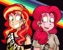 Size: 700x550 | Tagged: dead source, safe, artist:technaro, pinkie pie, sunset shimmer, human, g4, earbuds, humanized, makeup, michael jackson, rainbow, sharing headphones, smiling