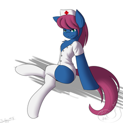 Size: 2000x2000 | Tagged: safe, artist:silverfox057, oc, oc only, earth pony, pony, semi-anthro, chest fluff, clothes, commission, costume, female, halloween, high res, mare, nurse, sitting, socks, solo, thigh highs